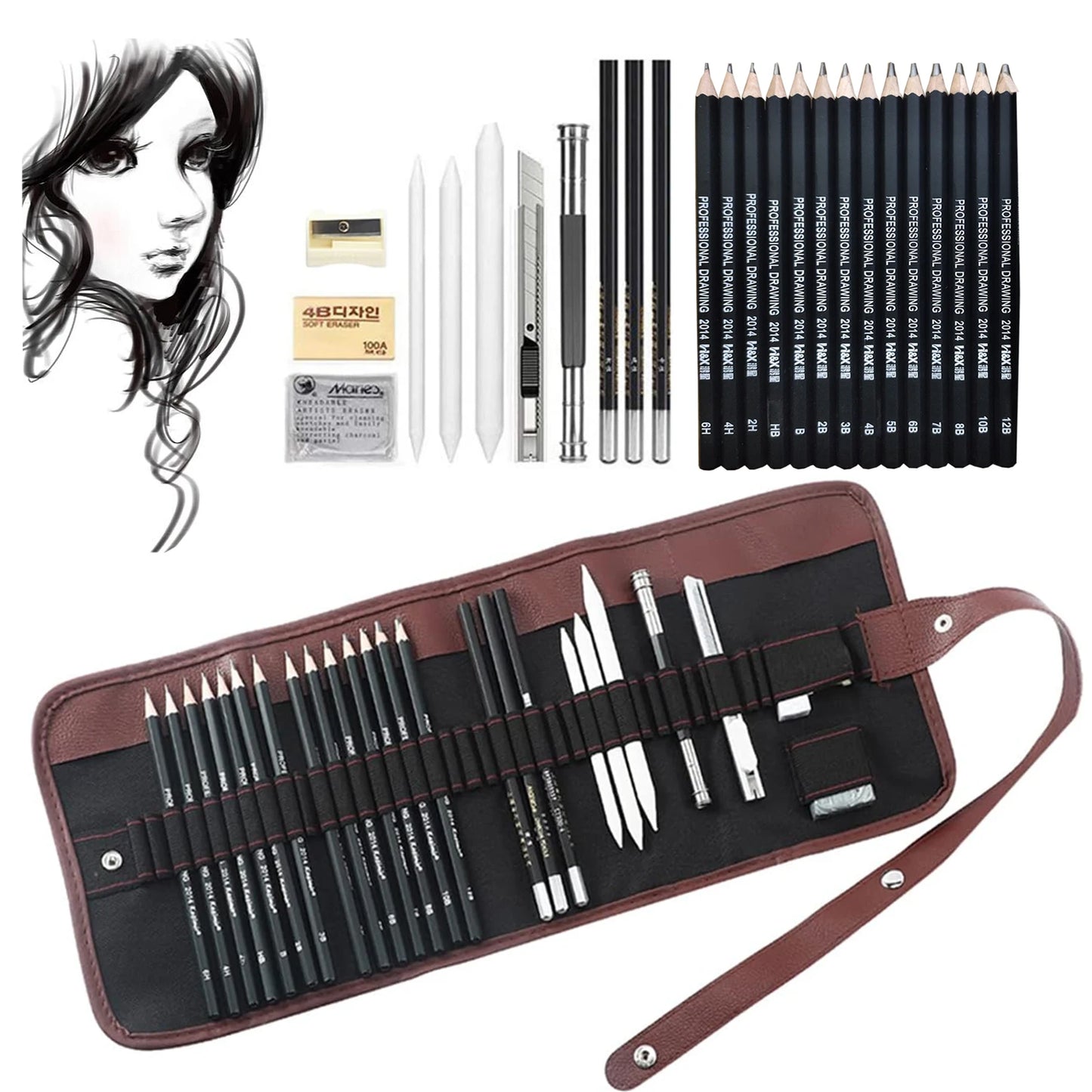 26/30/38pcs Professional Drawing Pencil Set – Graphite, Charcoal & Blending Tools | Art Kit Gift for Beginners & Artists