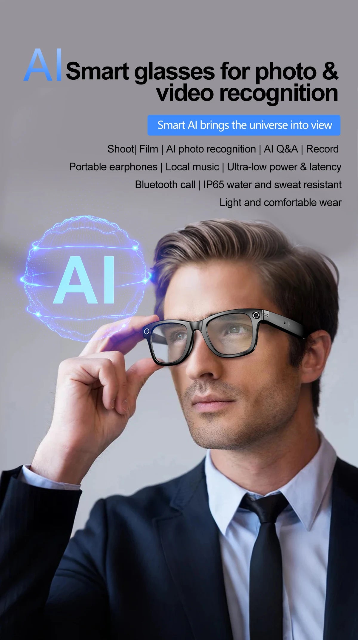πΆοΈ Smart Glasses with Camera | AI-Powered Multifunction Wearable
πΈ Video & Photo Recording | π§ Bluetooth Calling | π AI Voice Translation | π¦ IP65 Waterproof