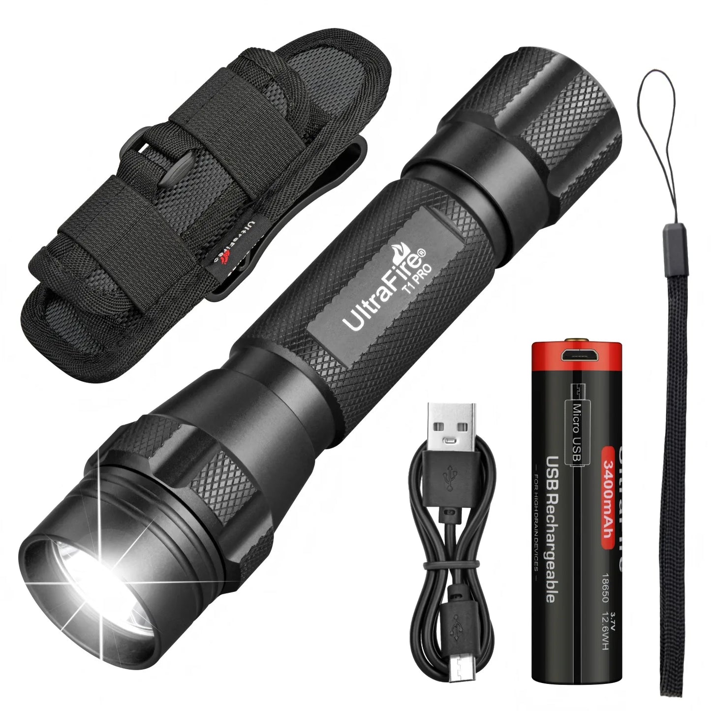Tactical LED Flashlight – 1200LM Rechargeable Torch with USB Charging & Belt Holster