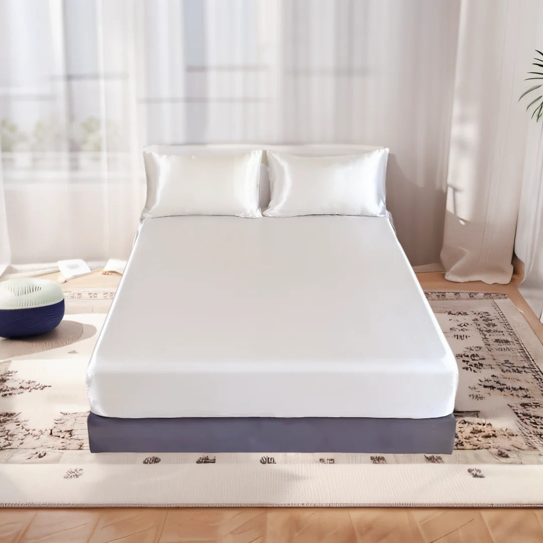 3-Piece Satin Fitted Sheet Set – Luxury Solid Color Bed Cover with Pillowcases & 4-Corner Elastic Fit