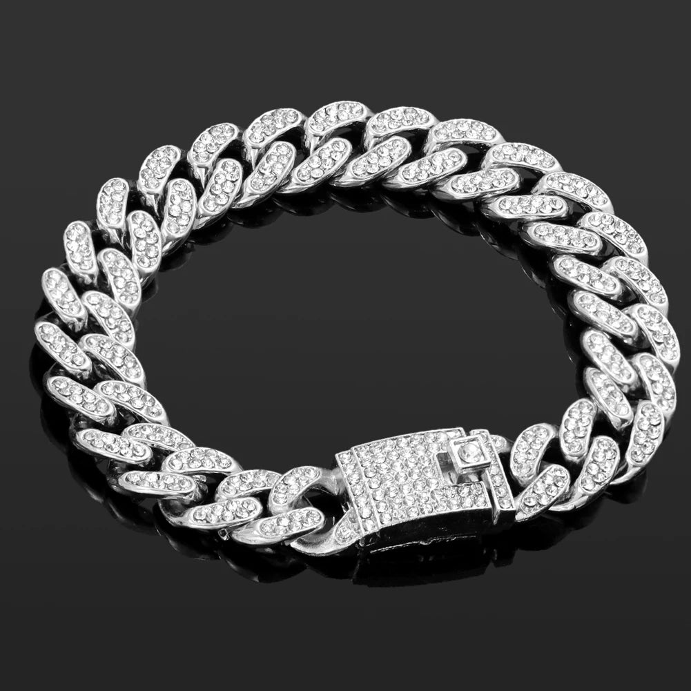 4-Piece Iced Out Pink Cuban Bracelet Set – Gold & Silver-Tone Crystal Heart, Circle & Square Hip Hop Jewelry for Women