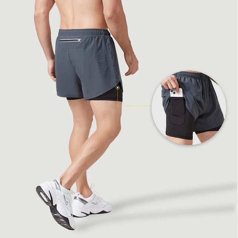 Men’s Quick-Dry Double Layer Running Shorts – Black Fitness & Workout Training Shorts