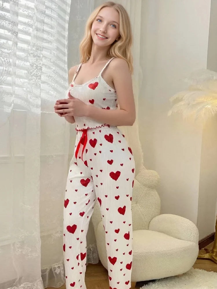 Women’s Summer Pajama Set – White & Red Love Print Vest with Bow Trim Long Pants