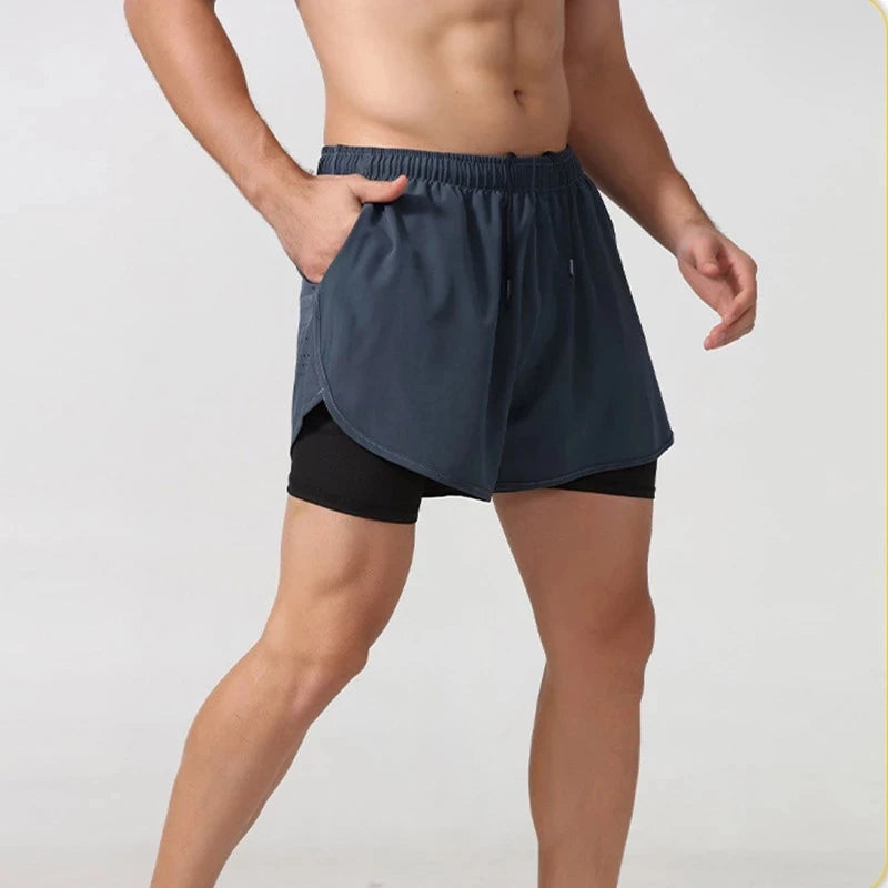 Men’s Quick-Dry Double Layer Running Shorts – Black Fitness & Workout Training Shorts