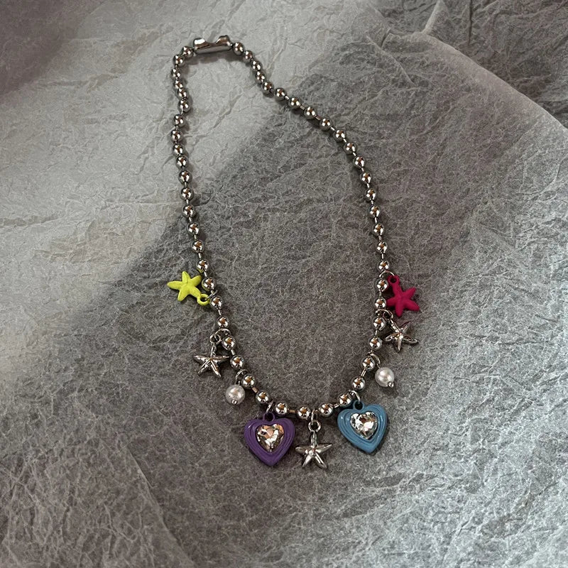 Boho Y2K Star & Heart Tassel Choker – Colorful Kpop-Inspired Pendant Necklace for Women