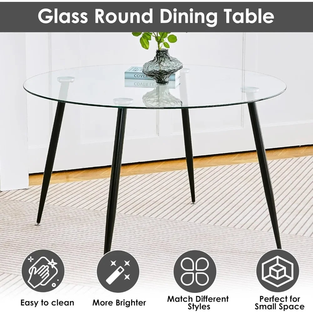 5-Piece Round Glass Dining Table Set for 4 – 47'' Modern Circular Kitchen & Dining Room Table with Clear Glass Top and Chairs