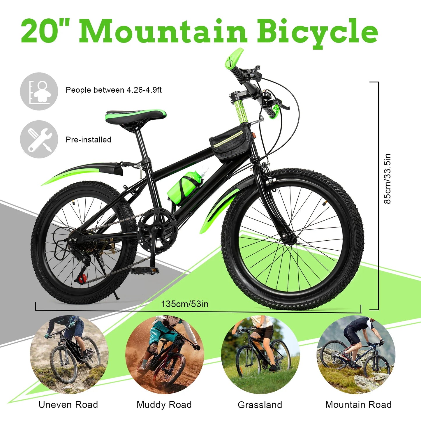 20-Inch 7-Speed Kids’ Mountain Bike – Adjustable Seat, Mudguards & Kettle Holder for Ages 8–13
