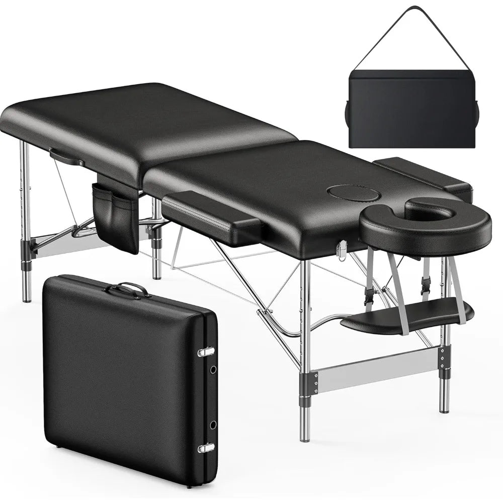 2-Fold Portable Massage Table with Adjustable Height – Lightweight Aluminum Frame & Side Pocket for Spa, Facial, Lash Bed Use