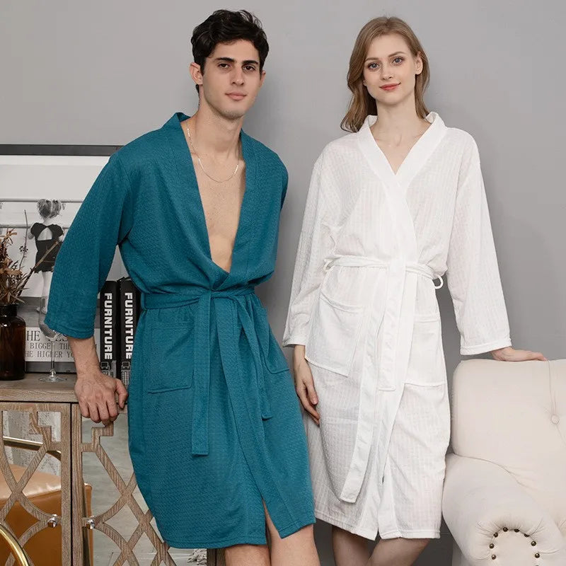 Unisex Waffle Bathrobe – Long, High-Quality Robe for Men & Women, Solid Black Plaid, Comfortable Loungewear or Nightwear