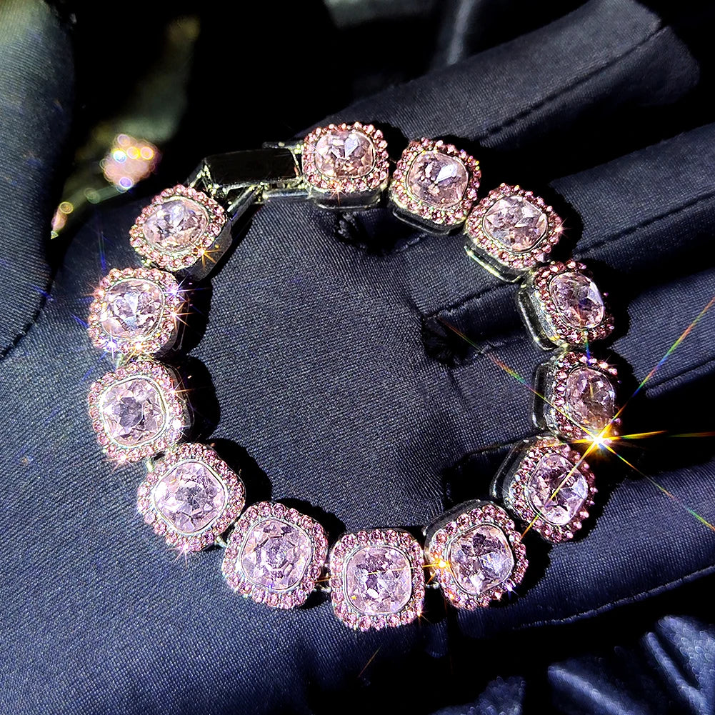 4-Piece Iced Out Pink Cuban Bracelet Set – Gold & Silver-Tone Crystal Heart, Circle & Square Hip Hop Jewelry for Women