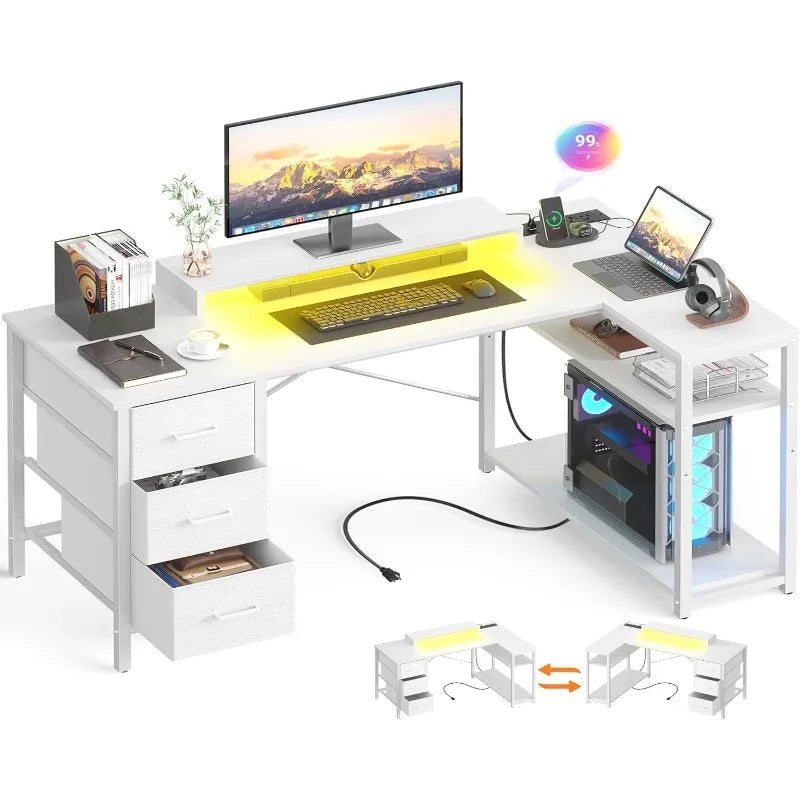 53" L-Shaped Gaming Desk – Reversible Computer Desk with LED Lights, Power Outlets, Monitor Stand & 3 Drawers