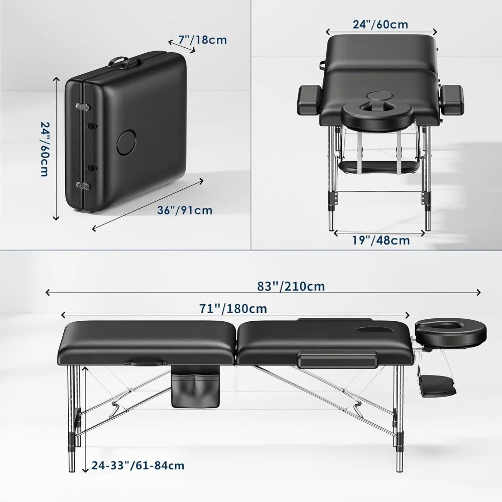 2-Fold Portable Massage Table with Adjustable Height – Lightweight Aluminum Frame & Side Pocket for Spa, Facial, Lash Bed Use