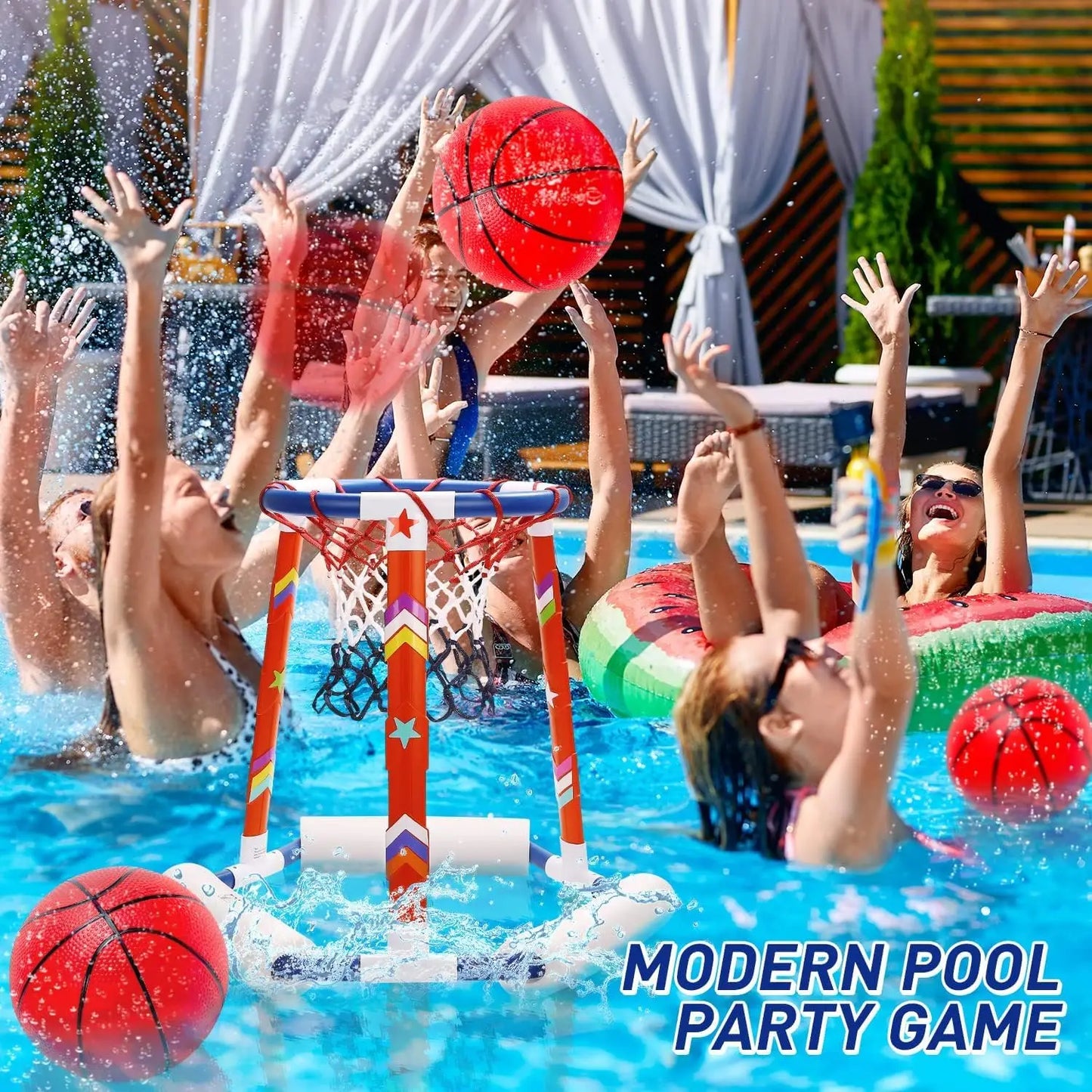 Floating Pool Basketball Hoop Set – Inflatable Water Game with 3 Balls, Pump & Stickers – Summer Fun for All Ages