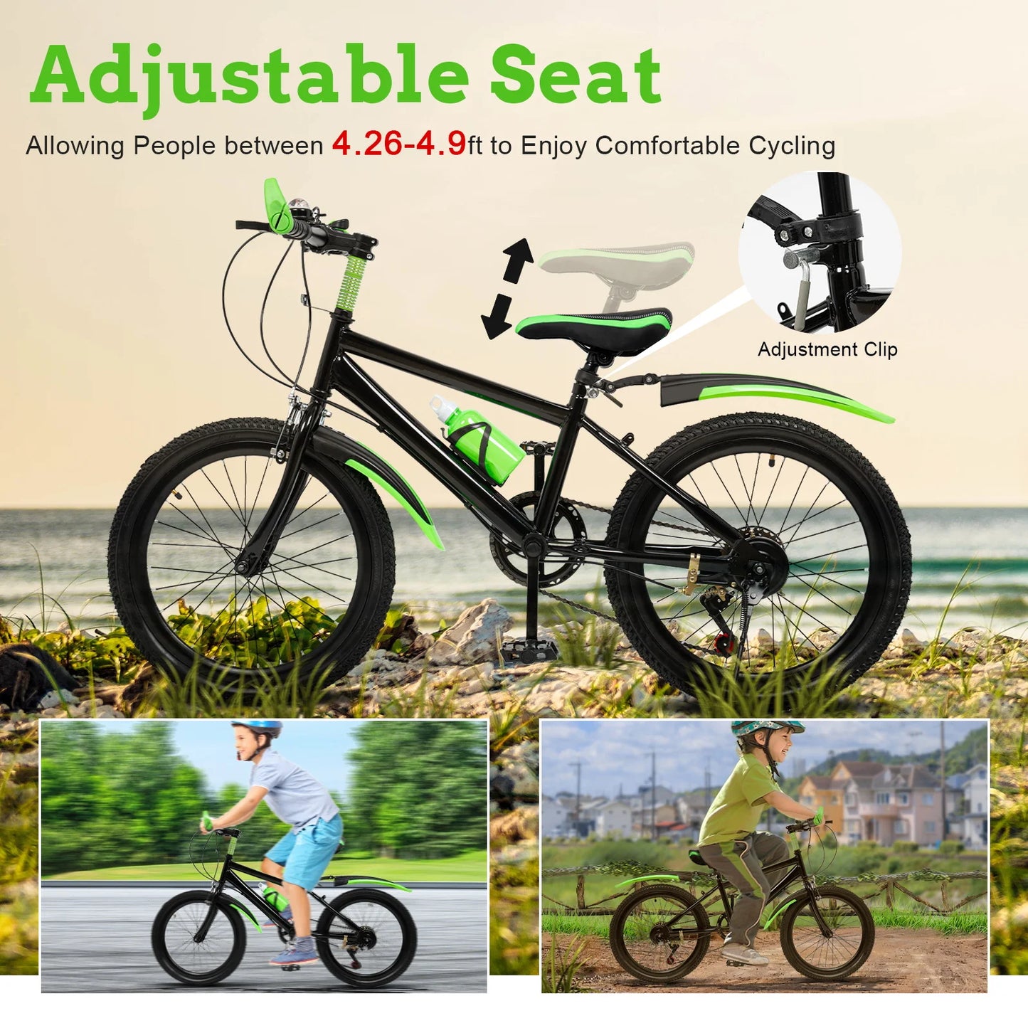 20-Inch 7-Speed Kids’ Mountain Bike – Adjustable Seat, Mudguards & Kettle Holder for Ages 8–13