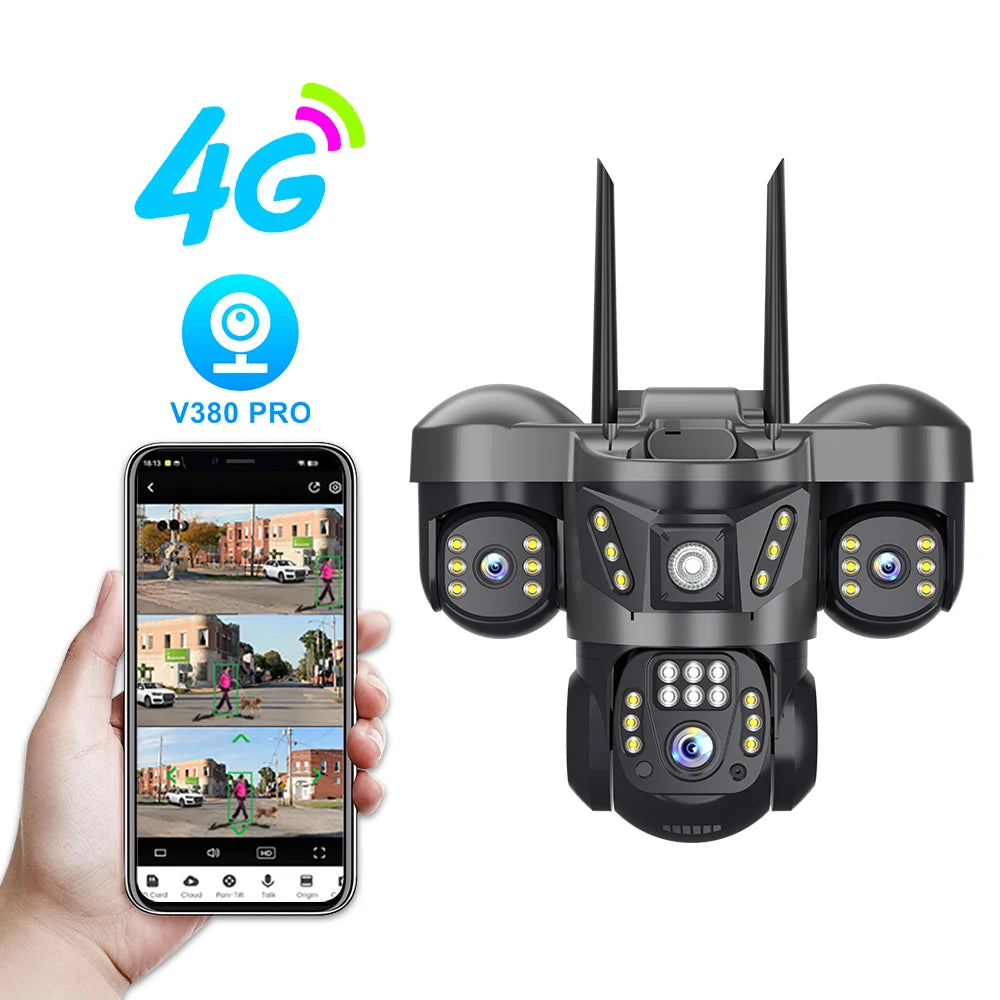 V380 Solar-Powered Surveillance Camera – True-View Three-Screen Multi-Lens Security with No Electricity or WiFi Required