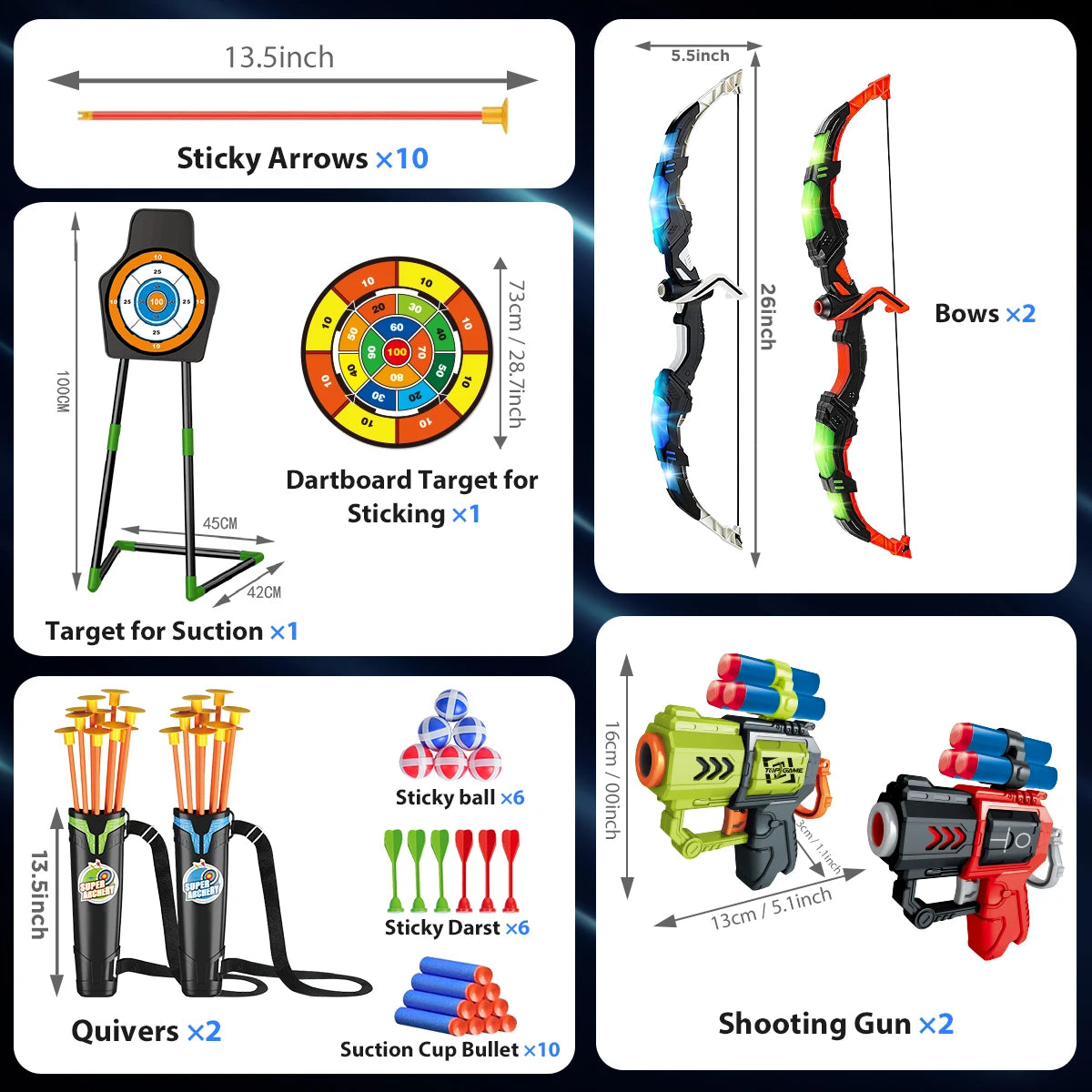 2-in-1 Bow & Arrow + Toy Gun Set for Kids – LED Light-Up Archery with Suction Arrows, Target Stand & Dart Board Game
