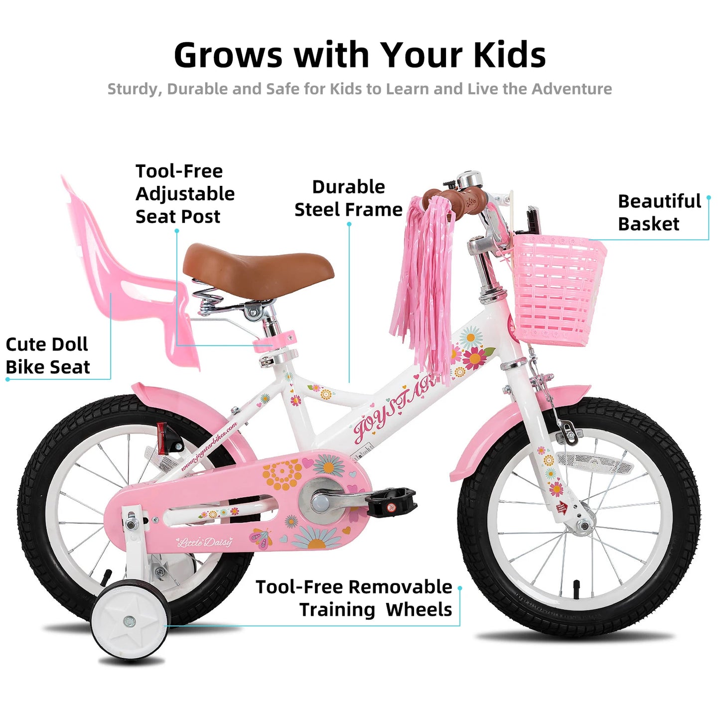 Kids Bike with Training Wheels – 12", 14", 16" Sizes for Ages 2–7, Fun Design with Doll Seat, Streamers or Flag & Name Plate