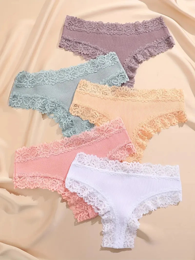 5Pcs Women’s Cotton Lace Panties Set – Soft Floral Patchwork Briefs Underwear Lingerie (S-XL)