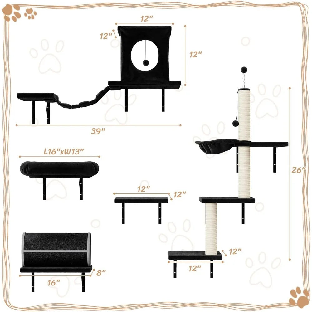 7-in-1 Wall-Mounted Cat Climber Furniture Set – Includes Cat House, Tunnel, Bridge, Hammock, Steps, Scratcher & Shelves