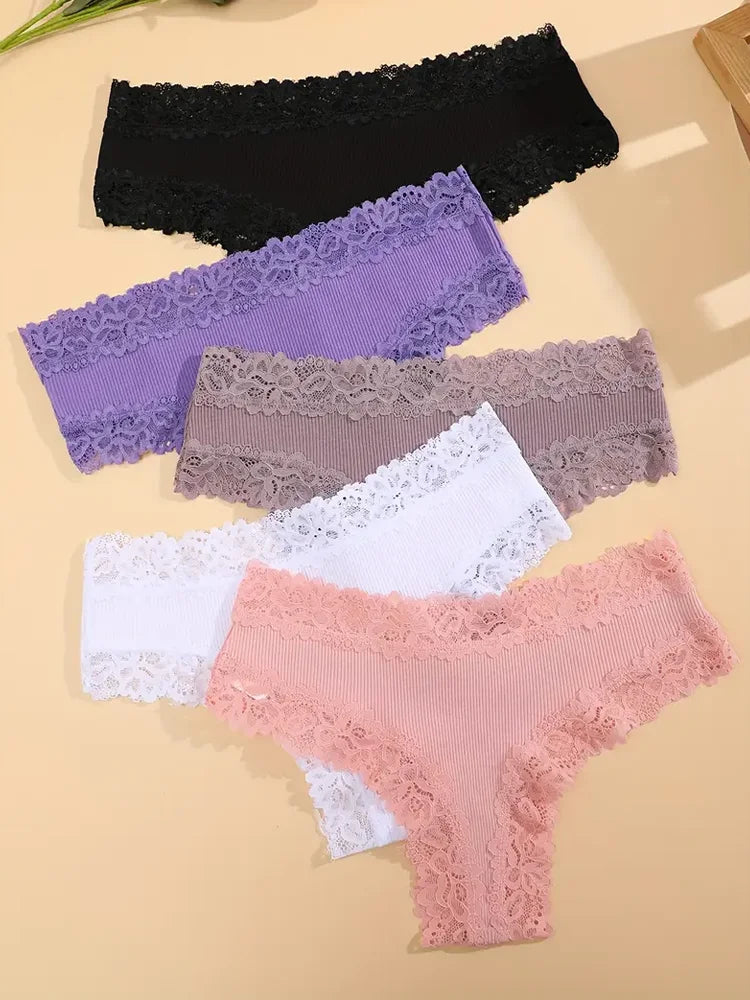 5Pcs Women’s Cotton Lace Panties Set – Soft Floral Patchwork Briefs Underwear Lingerie (S-XL)