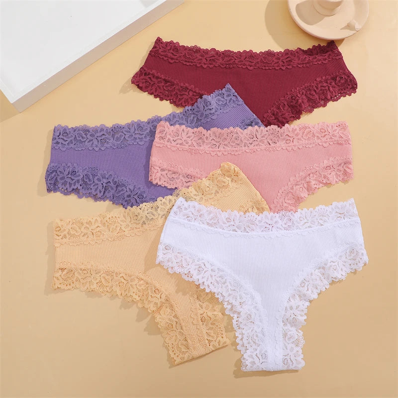 5Pcs Women’s Cotton Lace Panties Set – Soft Floral Patchwork Briefs Underwear Lingerie (S-XL)