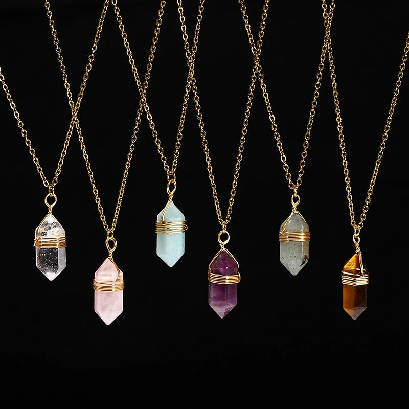 Natural Pink Hexagonal Quartz Crystal Pendant Necklace – Vintage Bullet Stone Jewelry for Women