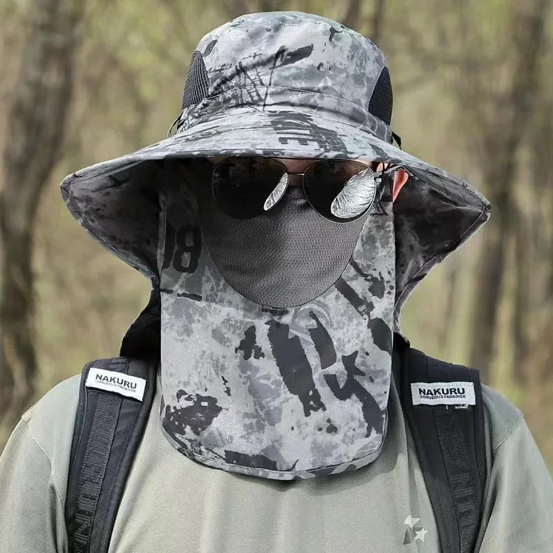 UPF 50+ Wide-Brim Outdoor Fishing Hat with Removable Neck & Face Flap – Breathable Mesh Sun Protection