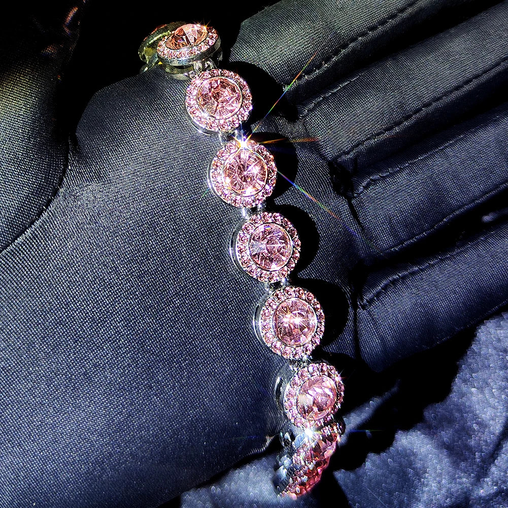 4-Piece Iced Out Pink Cuban Bracelet Set – Gold & Silver-Tone Crystal Heart, Circle & Square Hip Hop Jewelry for Women