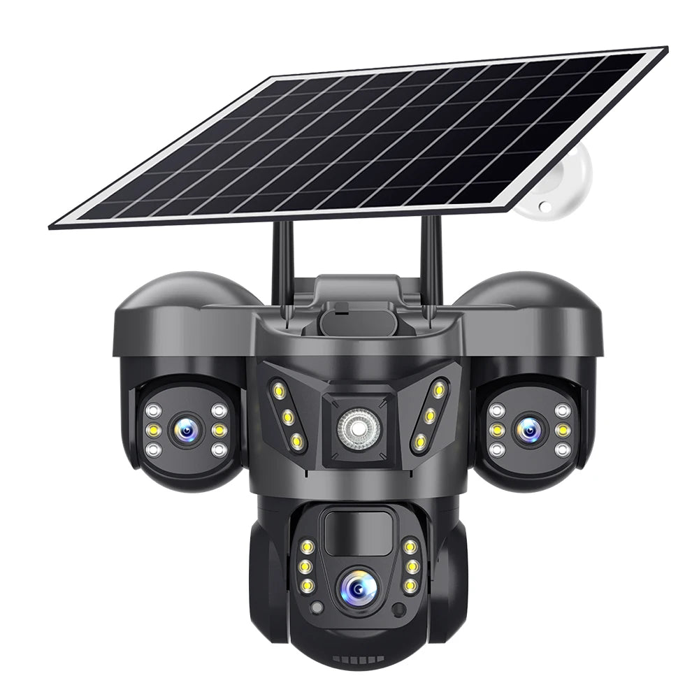 V380 Solar-Powered Surveillance Camera – True-View Three-Screen Multi-Lens Security with No Electricity or WiFi Required