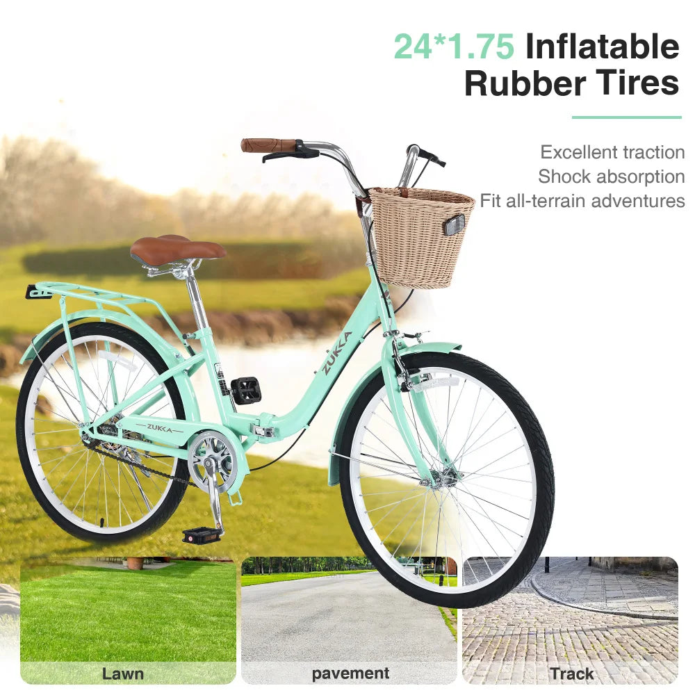 24" Folding Lady’s Bike – Single Speed with Durable Steel Frame, Compact Design for Easy Storage & Commuting