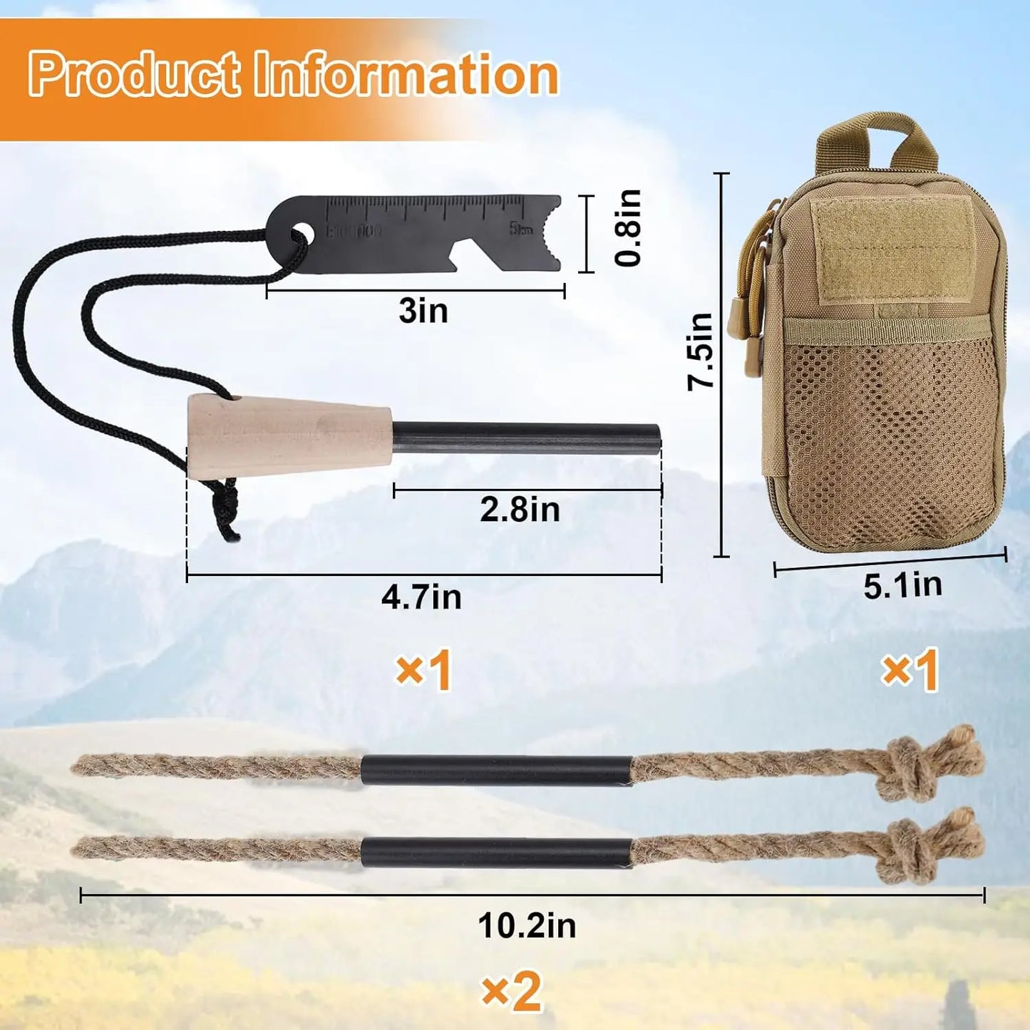 Fire Starter Survival Kit – Magnesium Rod, Wick Hemp Rope & Outdoor Carry Bag Included