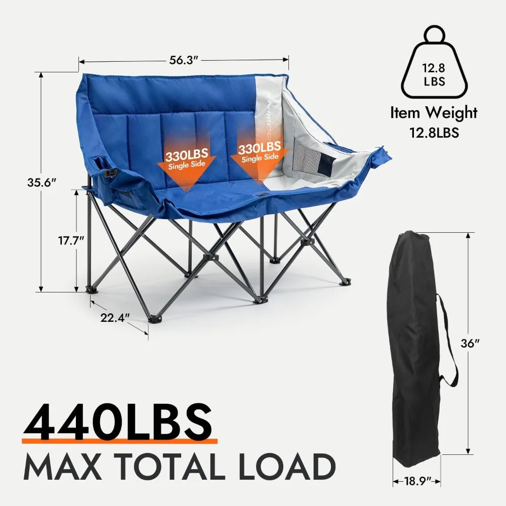 Double Camping Chair Loveseat, Portable Folding Outdoor Lawn Chair with Padded Seats, Armrests, Side Pockets, 440lbs Capacity