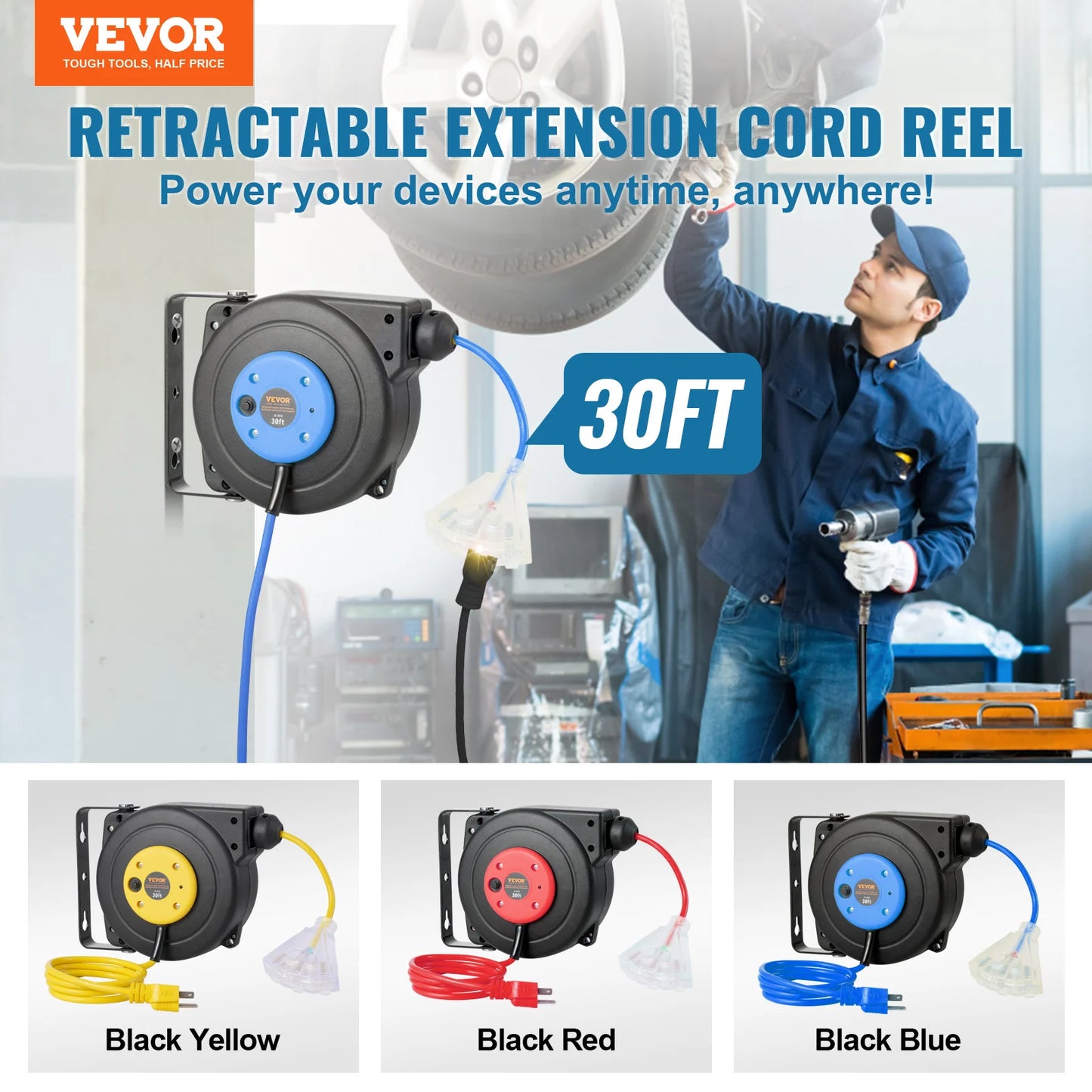 🔌 SucceBuy 30FT Retractable Extension Cord Reel
With Lighted Triple Tap Outlet | 10 Amp Circuit Breaker | 4.5FT Lead-In Cord