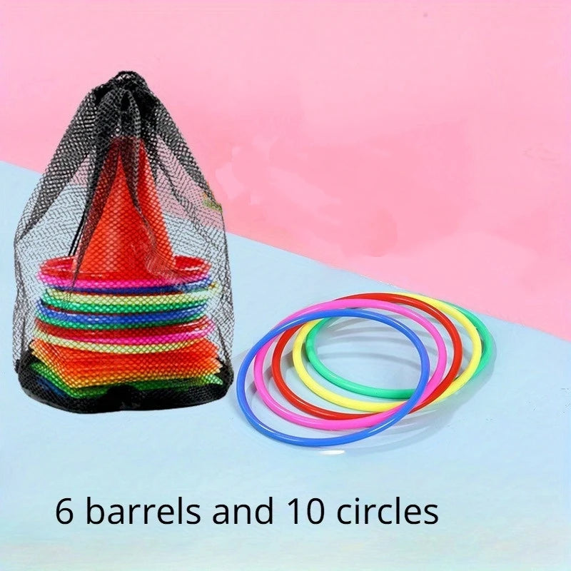 Multicolor Cone and Ring Toss Game Set for Kids – Outdoor Floor Ring Toss Sports Game with Logo Barrels, Sensory Motor Skills Trainer