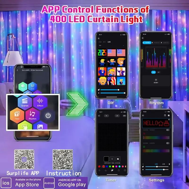 400-LED Smart Curtain Lights – RGB String Lights with Bluetooth App Control, Music Sync & DIY Display for Bedroom or Window Decor