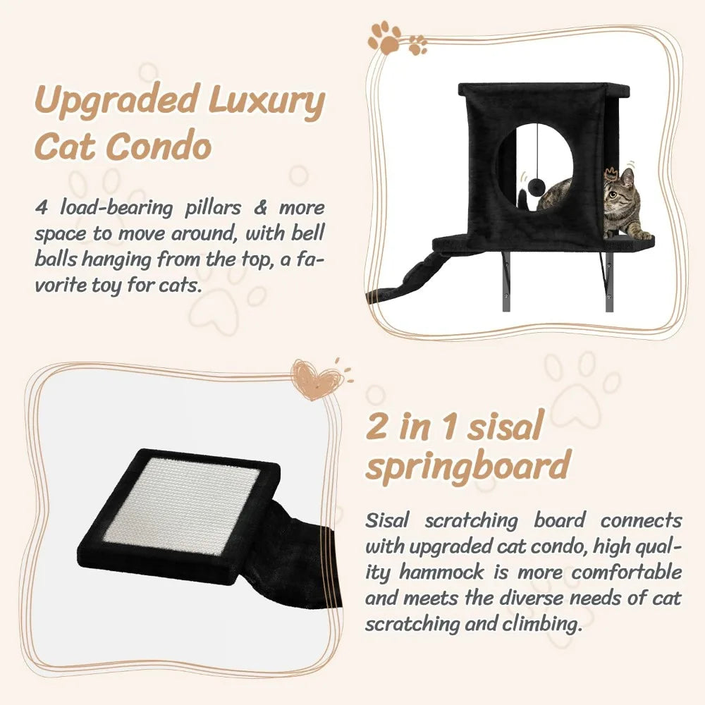 7-in-1 Wall-Mounted Cat Climber Furniture Set – Includes Cat House, Tunnel, Bridge, Hammock, Steps, Scratcher & Shelves
