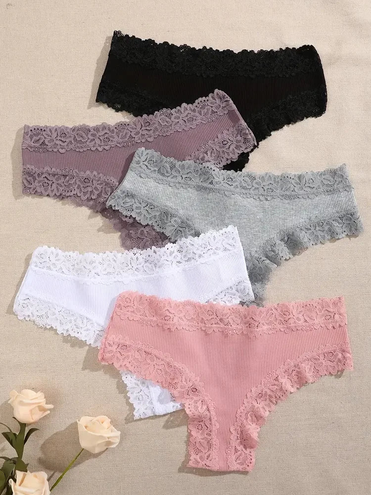 5Pcs Women’s Cotton Lace Panties Set – Soft Floral Patchwork Briefs Underwear Lingerie (S-XL)