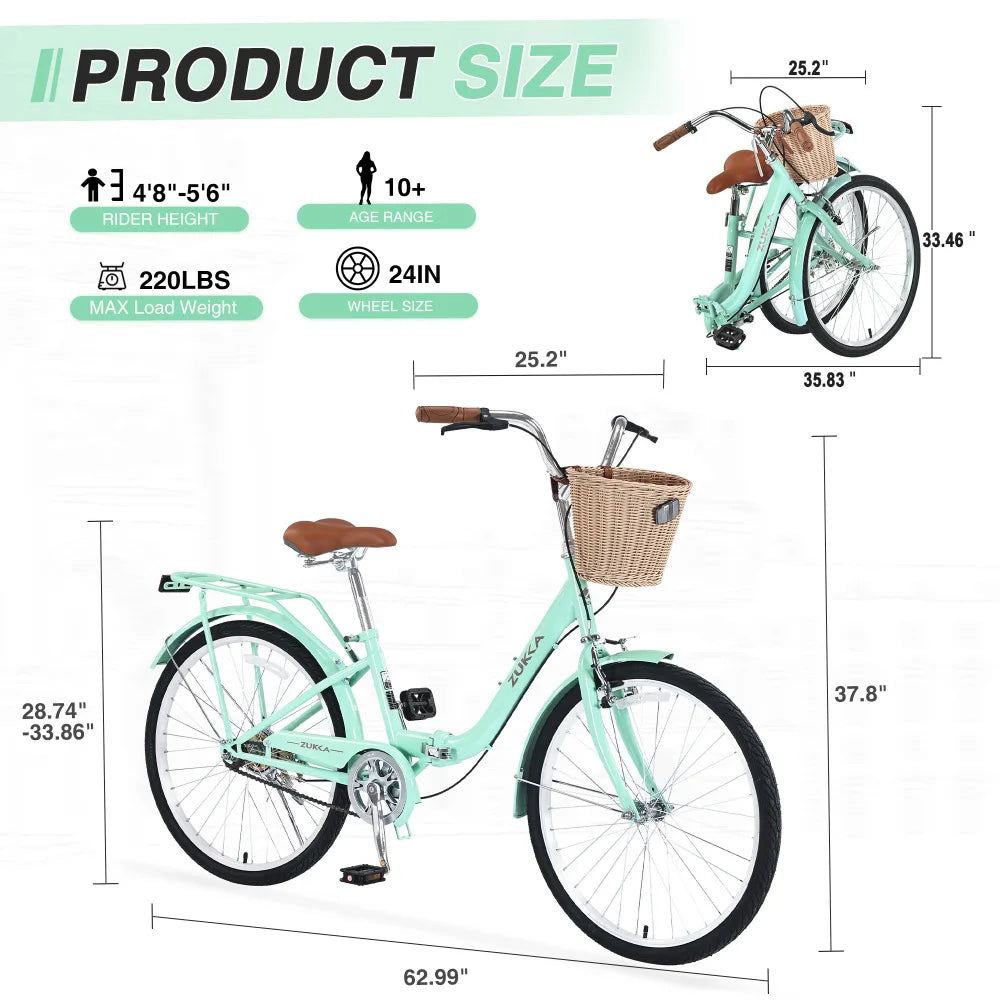 24" Folding Lady’s Bike – Single Speed with Durable Steel Frame, Compact Design for Easy Storage & Commuting