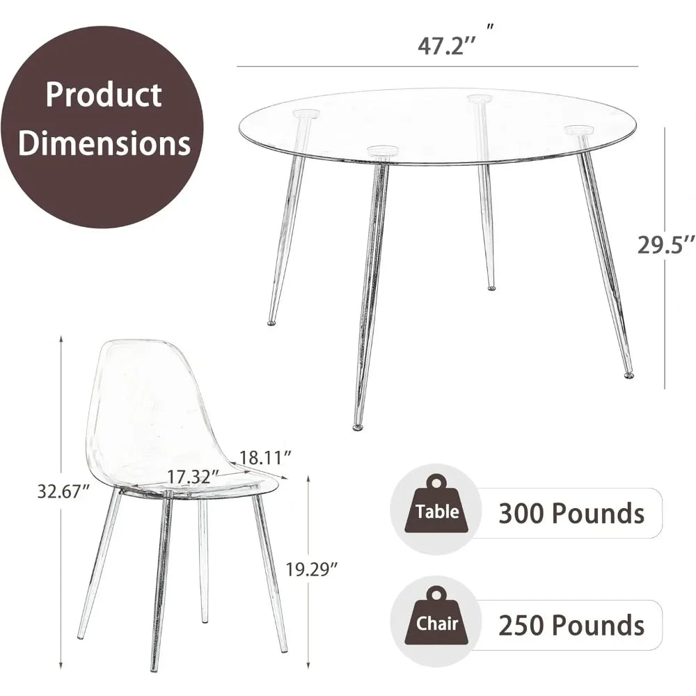 5-Piece Round Glass Dining Table Set for 4 – 47'' Modern Circular Kitchen & Dining Room Table with Clear Glass Top and Chairs
