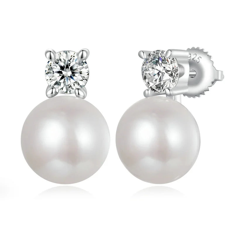 Elegant Moissanite & Freshwater Pearl Stud Earrings in 925 Sterling Silver