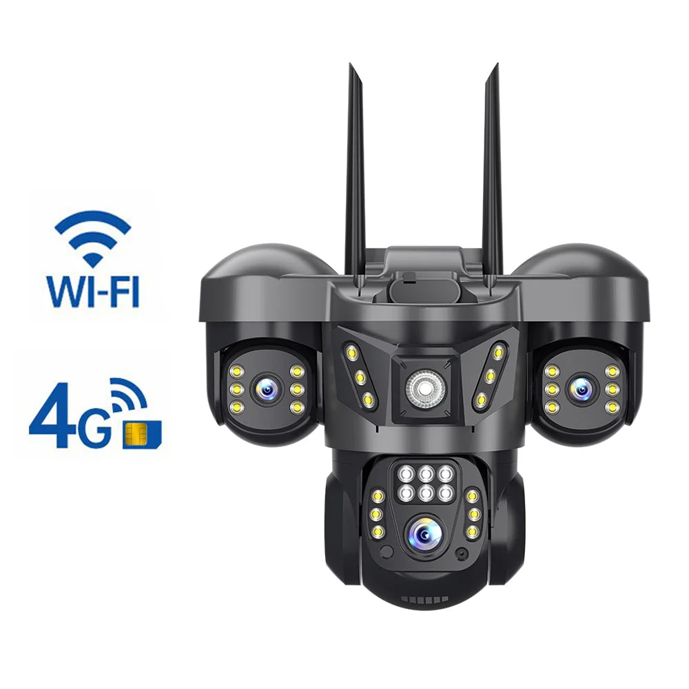 V380 Solar-Powered Surveillance Camera – True-View Three-Screen Multi-Lens Security with No Electricity or WiFi Required