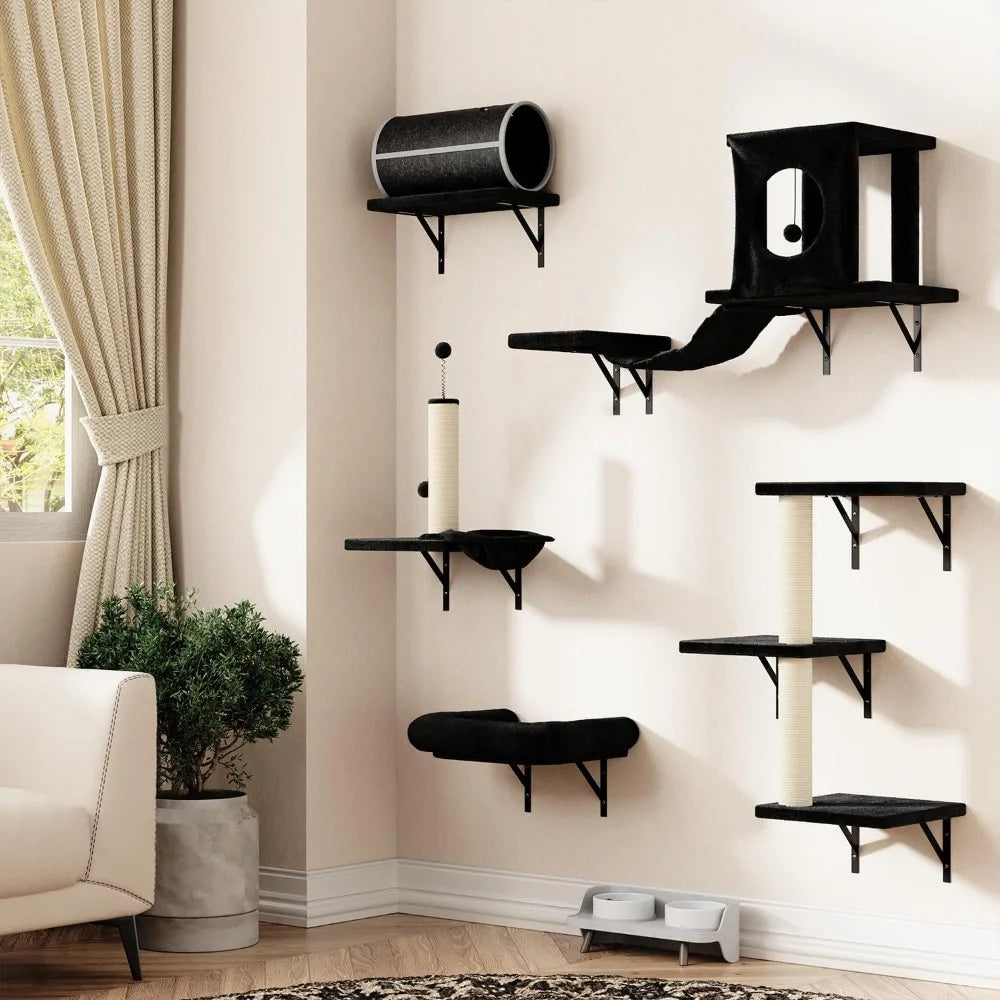 7-in-1 Wall-Mounted Cat Climber Furniture Set – Includes Cat House, Tunnel, Bridge, Hammock, Steps, Scratcher & Shelves