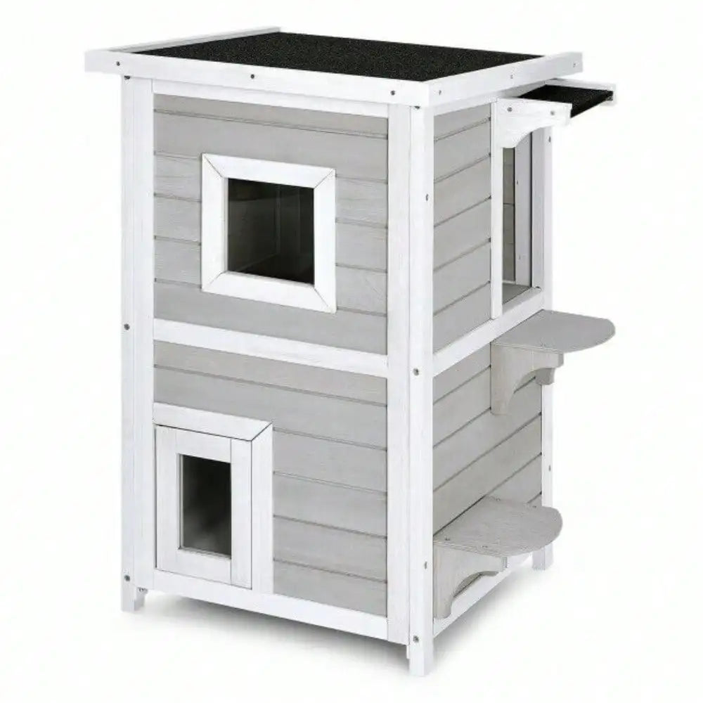 2-Story Wooden Outdoor Cat House – Rainproof Kitty Shelter with Escape Door, Weather-Resistant Pet Hideout