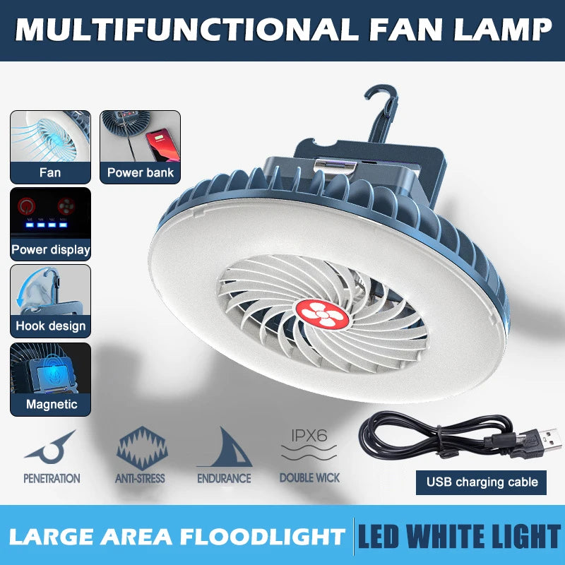 Rechargeable Waterproof Tent Fan with LED Lamp – Portable Camping Lantern & Cooling Fan Combo