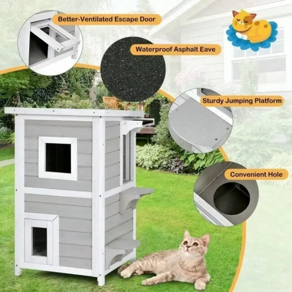 2-Story Wooden Outdoor Cat House – Rainproof Kitty Shelter with Escape Door, Weather-Resistant Pet Hideout