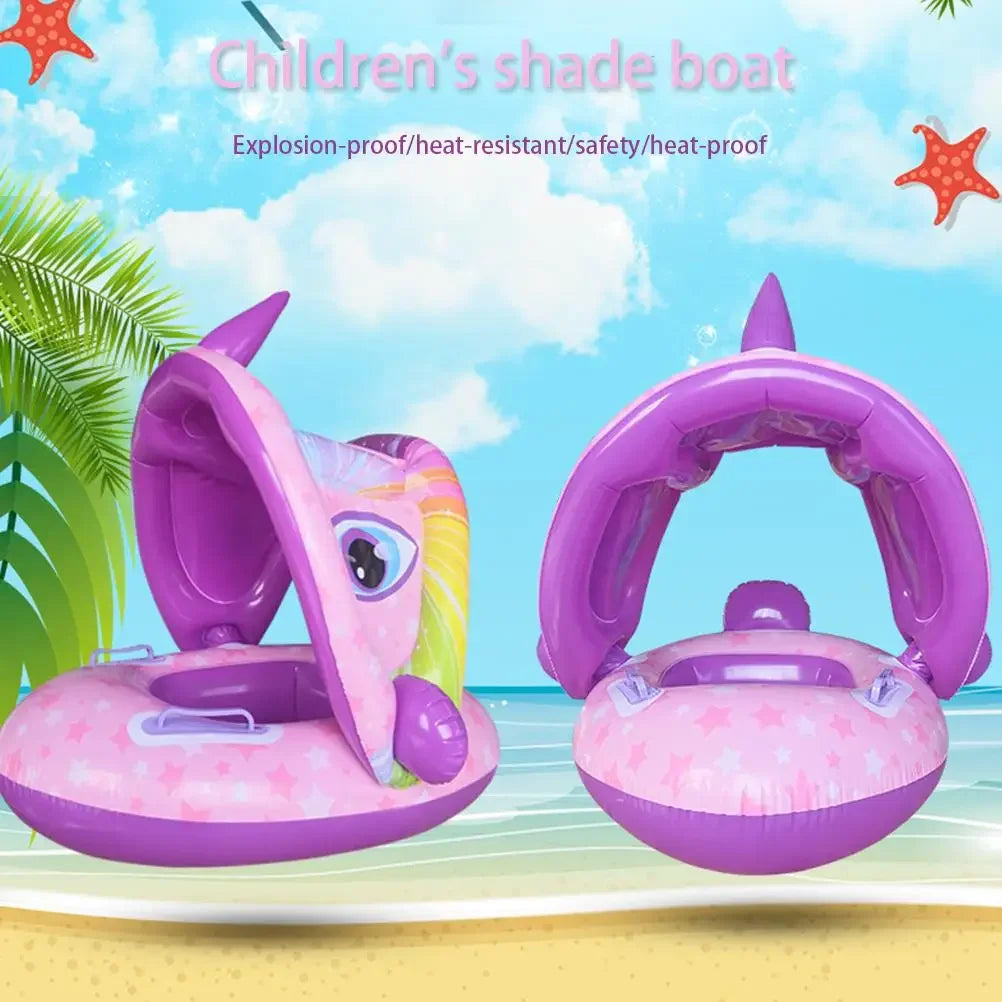 Baby Inflatable Unicorn Swim Ring – Sunshade Seat Float with Handrails & Removable Canopy for Pool Fun