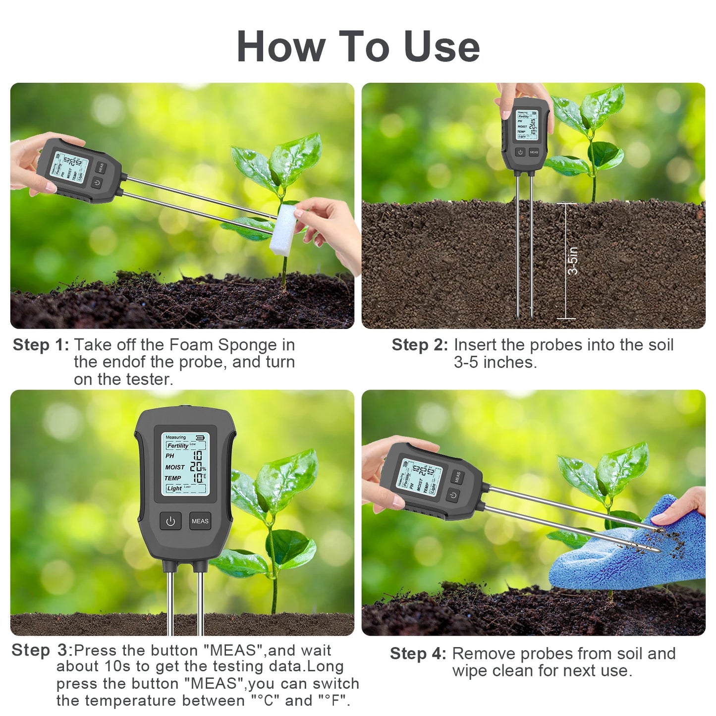 5-in-1 Digital Soil Tester with LCD Backlight – Measures pH, Moisture, Temperature, Fertility & Sunlight for Garden & Lawn