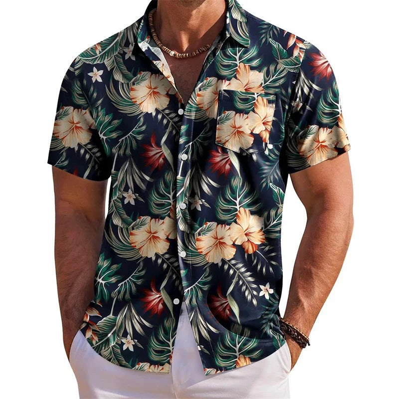 Men’s Floral Short Sleeve Button-Up Shirt – Casual Summer Top with Chest Pocket for Beach & Vacation Wear