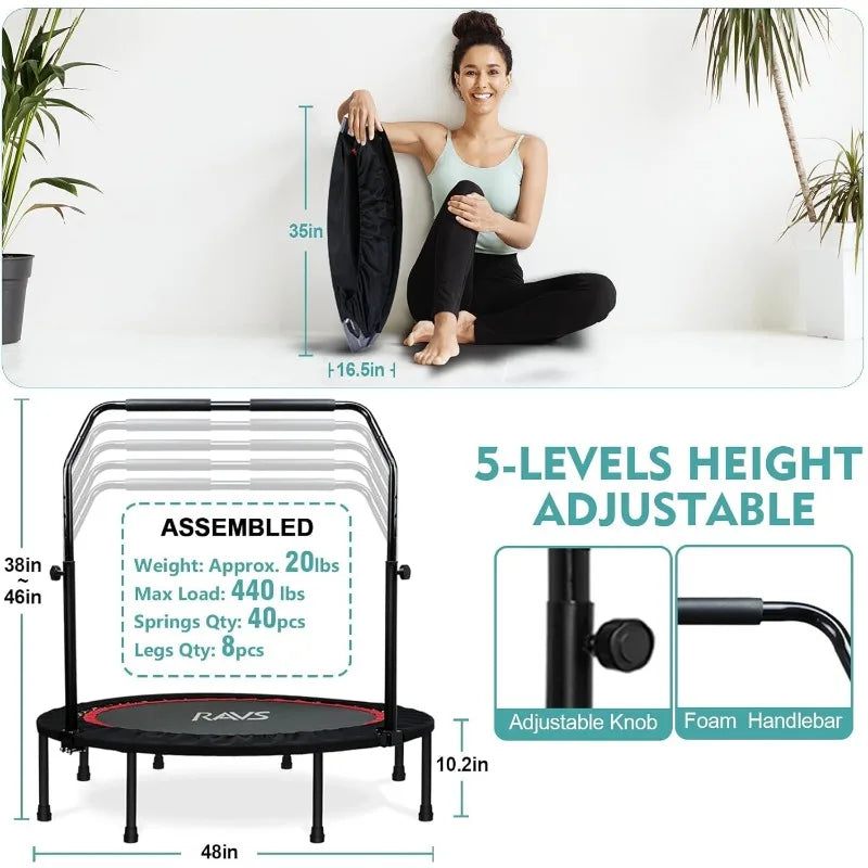 πββοΈ RAVS Mini Trampoline for Kids & Adults β 40"/48" Foldable Fitness Rebounder with Adjustable Handle