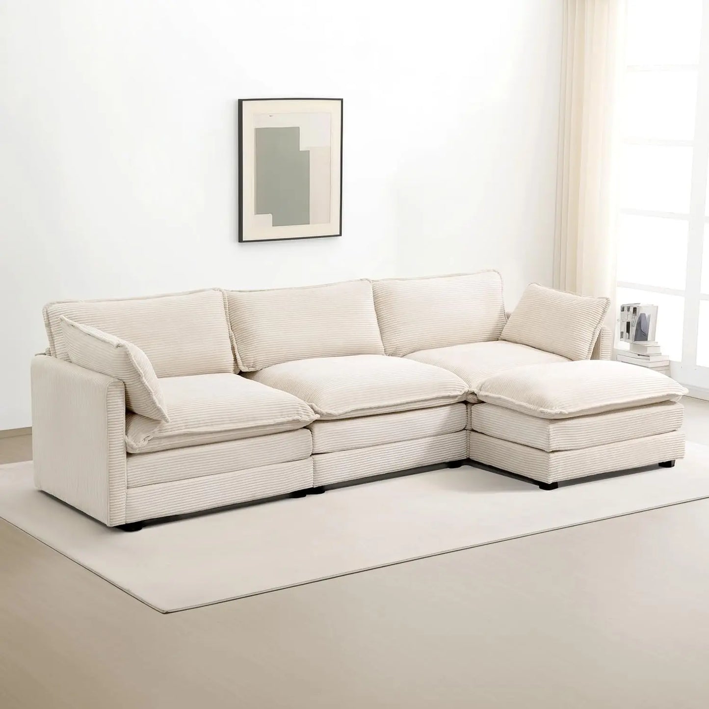Oversized Modular Corduroy Sectional Sofa – 112" 4-Seat Convertible L-Shaped Couch with Movable Ottoman